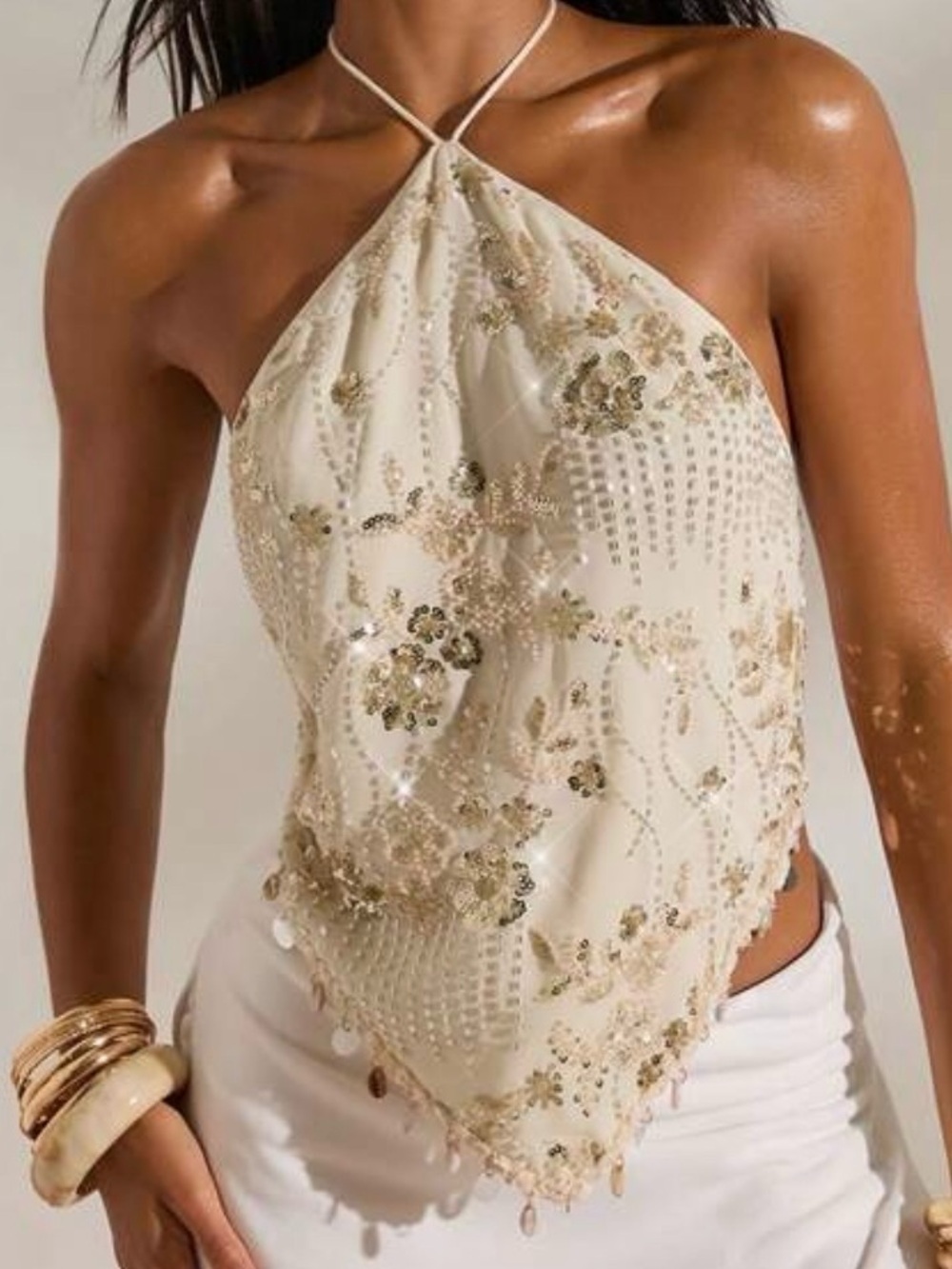 Embellished Ivory Halter Scarf Top